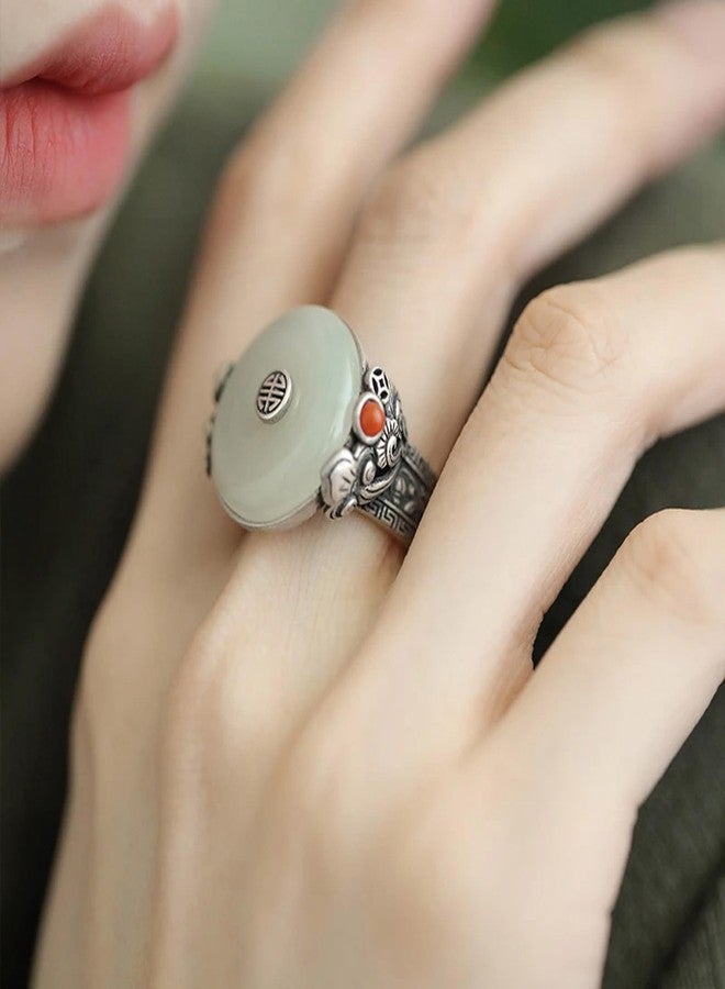 vinsiora Chinese Vintage Jade And Silver Ring With Ornate Detailing Design, a Hanfu Accessory Featuring An Open Design That Is Adjustable In Size (Jade Ring) - Image 2